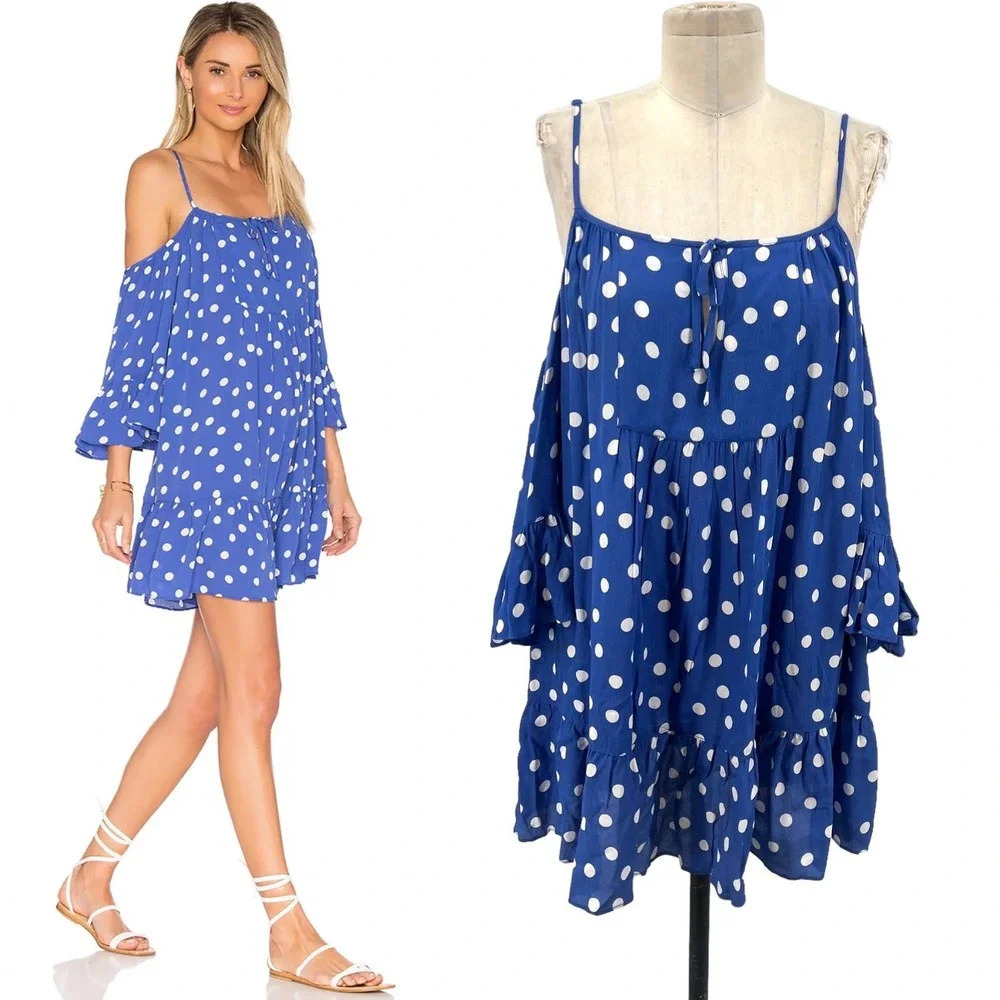 Tularosa Hattie Dress Blue Polka Dot Off the Shoulder Mini Size Small